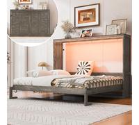 Lit murphy avec bande lumineuse LED et poignée vintage - Cadre de lit pliable en bois pour chambre à coucher, chambre d'amis, bureau à domicile (marron 1,23)