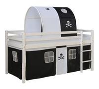 Lits superposé 90x200 cm avec Matelas Lit mezzanine en Bois Pin Massif Tunnel Rideau Pirate Noir Sommier à lattes
