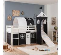 Lits superposé 90x200 cm avec Tour Tunnel Toboggan Matelas Lit mezzanine en Bois Pin Massif Rideau Pirate Noir Sommier à lattes