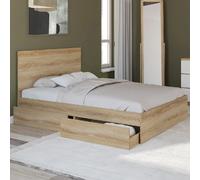 Lit double omaha 4 tiroirs sur roulettes avec tête de lit et sommier 140 x 190 cm façon hêtre