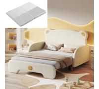 Lit ours double capitonné avec matelas mousse blanc, velours, beige (140x105 et 140x200 cm)