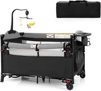Lit parapluie 5 en 1 avec matelas 120 x 60 cm, hauteur réglable, convertible en lit d'appoint avec table à langer, équipé d'une boîte à musique et de jouets, berceau pour bébé dès la naissance (gris f