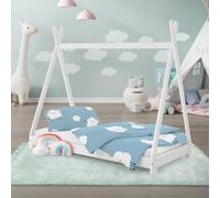 Lit parapluie pour bébé, dimensions 70x140 cm, blanc, en bois massif, avec sommier à lattes