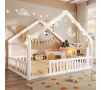 Lit plat 140 x 190 cm avec perles LED, barreaux, bordure et étagères latérales, lit pour enfant de style minimaliste, lit cabane, sans matelas, blanc, en pin