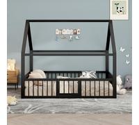 Lit plat 140x200 cm, lit en métal avec moulures décoratives et barrière de sécurité, lit pour enfant/adolescent en fer forgé avec une structure métallique robuste, lit simple/double sans matelas, coul