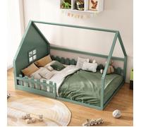 Lit plat 140x200 cm, lit pour enfants, forme de maison, avec balustrade de sécurité, base de lattes, bois de pin, vert