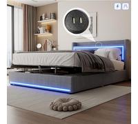 Lit plat de 160 x 200 cm, lumière d'ambiance au bout du lit, application réglable, le lit peut être soulevé et abaissé, port USB à la tête du lit, grand espace de rangement, gris