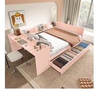 Lit plat, lit en bois, 140x200cm, avec bureau, équipé de 2 tiroirs, lit double (sans matelas), avec étagères, pin + aggloméré, rose