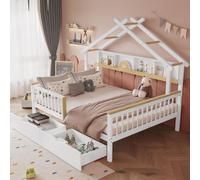 Lit plat pour enfant en bois 140 x 200 cm, en pin et MDF, avec protection anti-chute, motif de toit, étagère de 2 m, 2 tiroirs à roulettes, solide et pratique, blanc/naturel