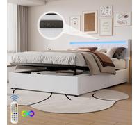 Lit plat rembourré 160x200cm blanc : lumière ambiance + télécommande 24 touches, relevable/abaissé, USB + Type-C, grand rangement