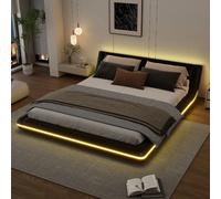 Lit plateau 160x200 noir, LED d'ambiance, design au sol en PU