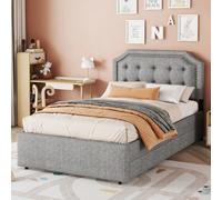 Lit plateau 90x200 gris, tête de lit à clous décoratifs et doubles tiroirs