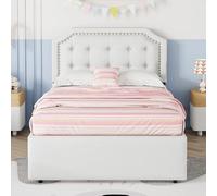 Lit plateau 90x200cm beige clair, sans matelas, chevet clouté, 2 tiroirs