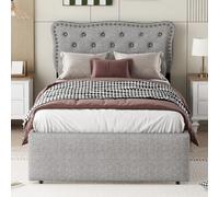 Lit plateau 90x200cm gris, sans matelas, chevet clouté, 2 tiroirs