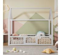 Lit plateau 90x200cm maison blanc, sans matelas, bois massif, porte