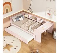 Lit plateau 90x200cm rose, sans matelas, bureau, 3 étagères, lit escamotable