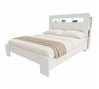 Lit plateforme 140/200 cm blanc en bois avec LED et tête de lit rangement