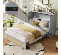 Lit plateforme 140 x 200 cm en bois et MDF, lit fonctionnel avec tête de lit, étagère, tiroir, prise USB et prise électrique, lit avec rangement, sans matelas, gris