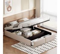 Lit Plateforme 140 X 200 Cm, Lit Double, Avec Stockage Et 2 Tiroirs, Avec Sommier à Lattes, Beige