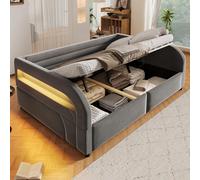 Lit plateforme 140x200, matelas intégré, espace de rangement hydraulique, éclairage LED (beige)