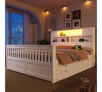 Lit plateforme 160 x 200 cm avec tête de lit intégrant une bibliothèque, éclairage LED et ports USB, 4 tiroirs, espaces de rangement ouverts et fermés, 11 lattes, en MDF/contreplaqué, de couleur blanc