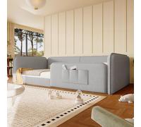 Lit plateforme 90x200 cm avec housse en lin doux, rembourrage en mousse, cadre de sécurité bas tout autour et poches de rangement latérales, couleur gris