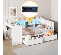Lit plateforme 90x200 cm blanc avec rangements, tiroirs, LED multicolores et station de recharge - sans matelas