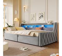 Lit plateforme 90x200, revêtement en velours, espace de rangement avec système hydraulique, éclairage LED, confortable (blanc cassé)