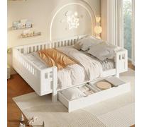 Lit plateforme avec une haute barrière de sécurité tout autour, 2 grandes tiroirs coulissants, structure en MDF et en bois de pin, couleur blanche, dimensions totales : 206 x 144 x 60 cm