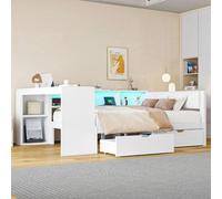 Lit plateforme en bois 140 x 200 cm avec panneaux en bois, tiroirs, station de recharge et tête de lit rembourrée, avec éclairage LED coloré, blanc