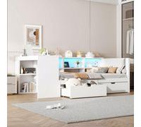 Lit plateforme en bois 90 x 200 cm avec panneaux en bois, tiroirs, station de recharge et tête de lit rembourrée, avec éclairage LED coloré, blanc