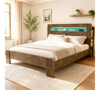 Lit plateforme en bois avec espace de rangement intégré à la tête de lit, éclairage LED et prises électriques intégrées, design moderne avec finition bois vintage, dimensions 180 x 200 cm