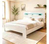 Lit plateforme en bois avec espace de rangement intégré à la tête de lit, éclairage LED et prises électriques intégrées, de style moderne, en blanc. Dimensions : 180 x 200 cm