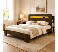 Lit plateforme en bois avec espace de rangement intégré à la tête de lit, éclairage LED, prises électriques intégrées, design moderne avec finition bois vintage, dimensions 140 x 200 cm