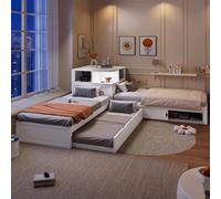 Lit plateforme en forme de L, 90x200 cm, avec lit tiroir, espace de rangement avec porte coulissante et veilleuse LED. Lit pour enfant avec possibilité de lit d'appoint, gain de place, couleur blanche