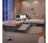 Lit plateforme en forme de L, lit en bois 90x200 cm avec lit tiroir 90x190 cm, lit pour enfant, lit à cadre bas avec coffre de rangement et revêtement en similicuir, lit multifonctionnel de couleur gr