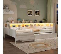 Lit plateforme en L 90x200 cm avec lit gigogne, 5 compartiments de rangement, tiroir, prises électriques, USB-C et éclairage LED, blanc