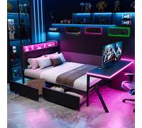 Lit plateforme gaming 140x200 cm en métal avec tête de lit LED, bureau LED, 2 tiroirs, 15 lattes, pieds de support renforcés et patins en plastique, couleur noire