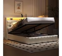 lit plateforme rembourré 160 x 200 avec lumière LED et USB, espace de rangement en dessous, oreillers de tête réglables, blanc