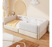 Lit plateforme rembourré 90 x 200 cm avec barrières de sécurité et sac de rangement, blanc