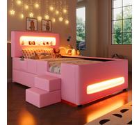 Lit plateforme rembourré 90 x 200 cm avec escalier, tiroirs, bandes lumineuses LED, ports USB et poches de rangement, lit multifonctionnel confortable doté d'un espace de rangement astucieux, rose