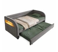 Lit plateforme rembourré 90x200 gris avec lit gigogne et LED