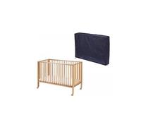 Lit pliable bois naturel avec matelas et housse de protection bleue