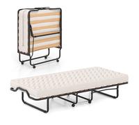 Lit Pliant 90x200 cm COSTWAY,Structure de Lit à 4 Roues pour Invités,Matelas Orthopédique en Mémoire 10 cm,Charge 120kg,Beige