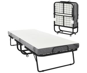 Lit pliant en acier, lit d'appoint pliable avec matelas, lit de camp sur roulettes, blanc et noir | 4 roulettes | jusqu'à 150 kg | 200 x 90 cm