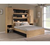 Lit pont 140 x 190/200 cm avec rangements - Avec LEDs - Coloris : Naturel et noir + Sommier + Matelas - VARLY