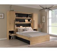 Lit pont 140 x 190/200 cm avec rangements - Avec LEDs - Coloris : Naturel et noir + Sommier - VARLY