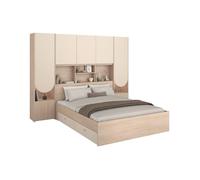 Lit pont 140 x 190 cm avec rangements - Avec LEDs - Coloris : Beige et naturel - DOMELITO