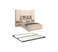 Lit pont 140 x 190 cm avec rangements - Avec LEDs - Coloris : Beige et naturel + Sommier - DOMELITO
