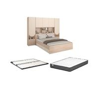 Lit pont 140 x 190 cm avec rangements - Avec LEDs - Coloris : Beige et naturel + Sommier + Matelas - DOMELITO